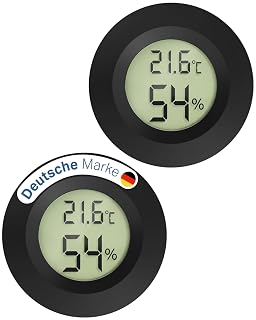 2er Set Mini Thermometer Hygrometer rund - digitaler Luftfeuchtigkeitsmesser & Raumthermometer mit Spangen-Einbau, C/F & on/off Funktion - für Innenräume, Reptilien, Filament, Grow - Amazon product rated Grade A