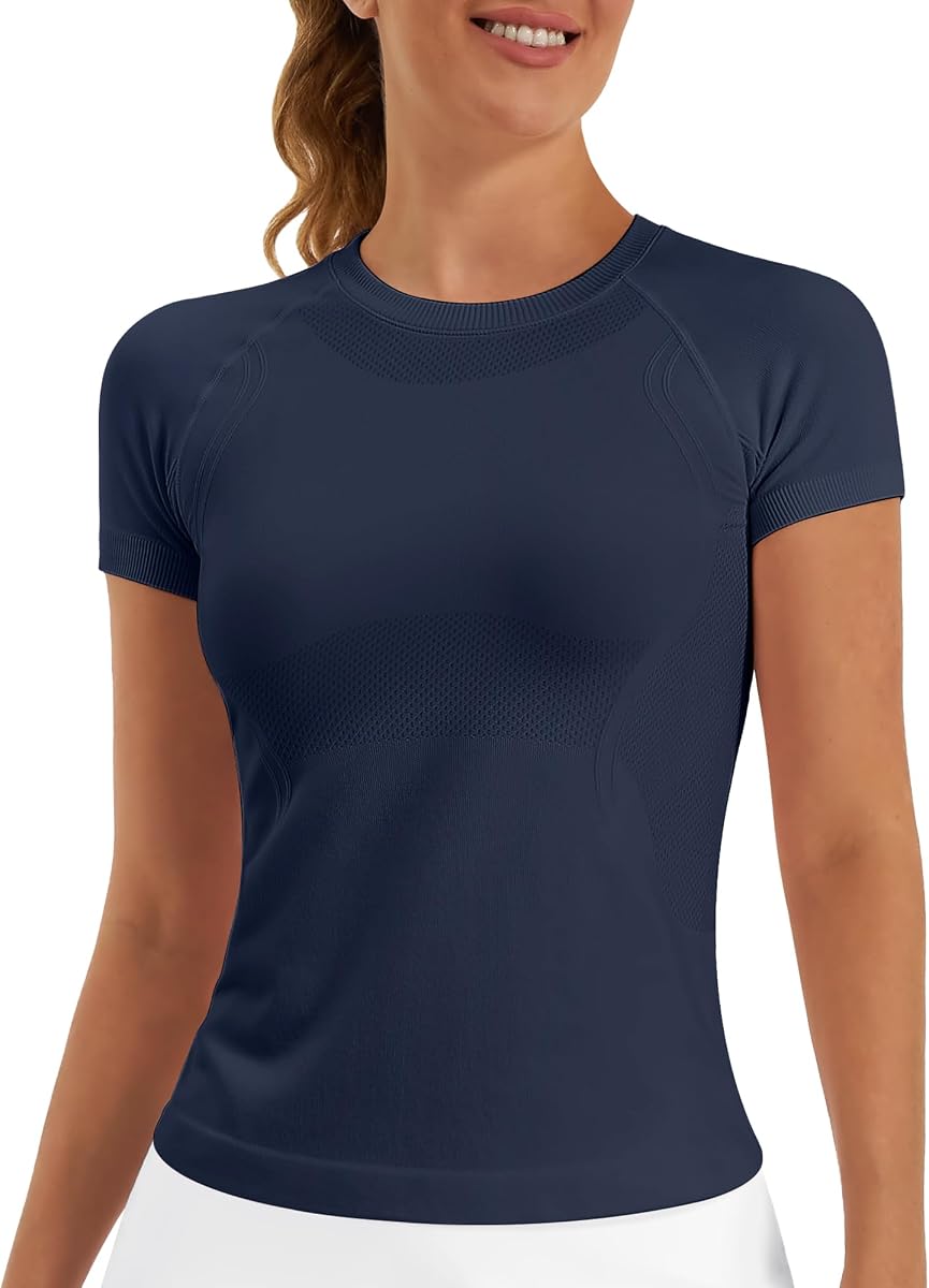 Stelle Camisetas de entrenamiento para mujer, manga corta, sin costuras, camisetas atléticas, yoga, gimnasio, deportes, camisetas transpirables