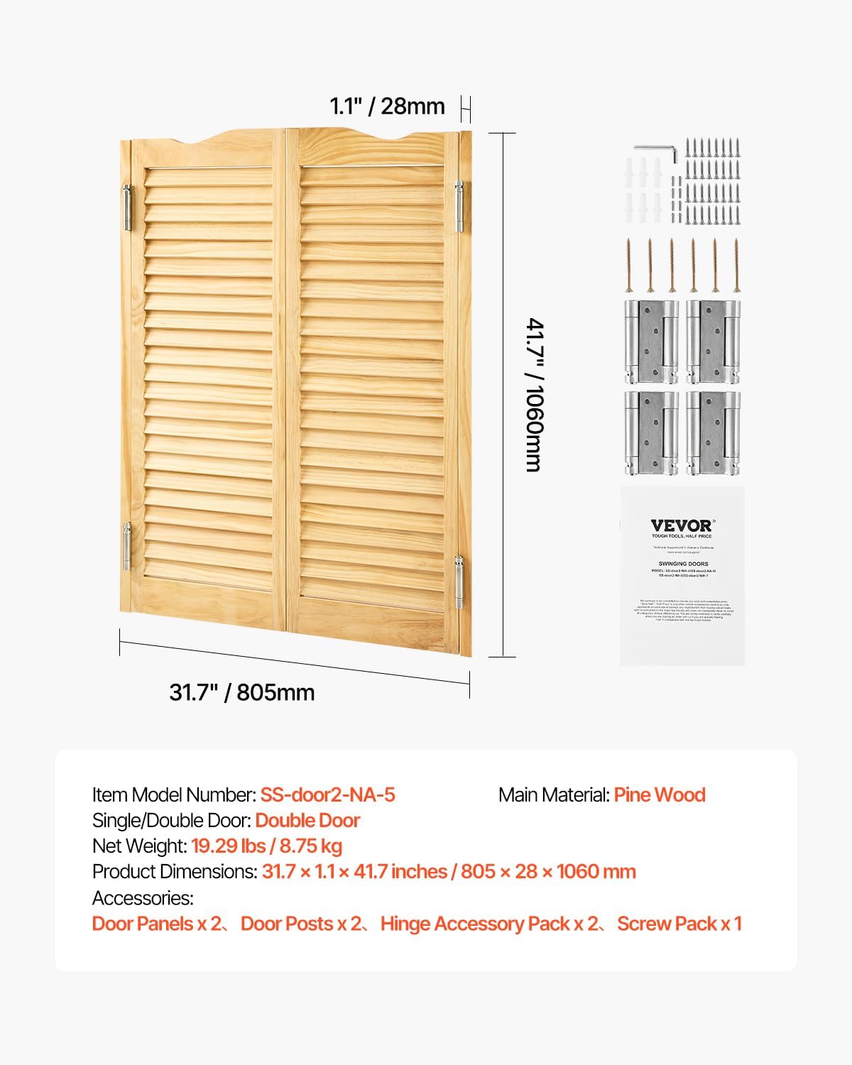 VEVOR Double Saloon Swinging Doors, 32" W x 42" H Arched Top Interior Swinging Cafe Doors, Pine Wood, with Hinges & Hardware Kit, Easy to Install, for Hallway Kitchen Bar Pub Entrance, Log Color