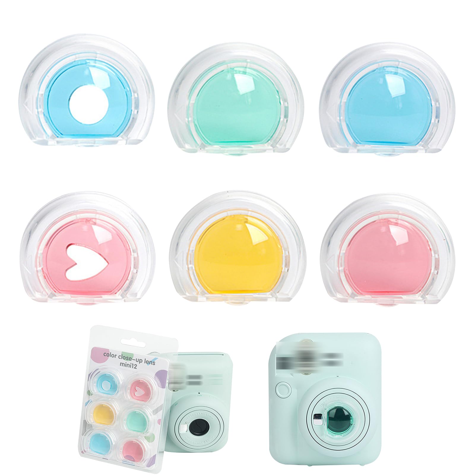 6 szt. Zestaw filtrów obiektywu do Fujifilm Instax Mini 12, filtry obiektywów do aparatów błyskawicznych, filtr kolorów kamery, niebieski czerwony zielony pomarańczowy, z okrągłym wzorem serca
