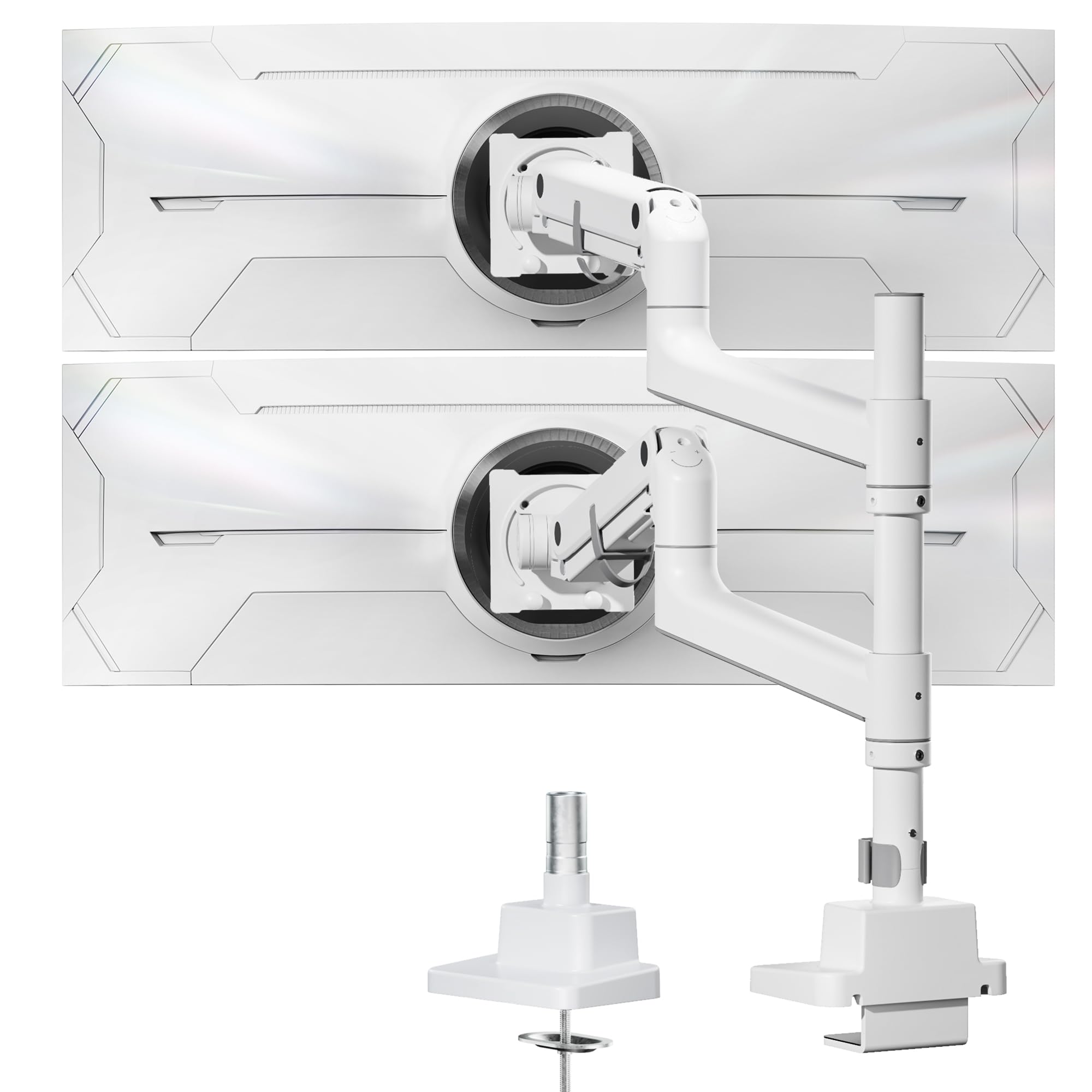 monTEK Monitor Halterung 2 Monitore für 17-57 Zoll Bildschirme bis zu 27 kg | Aluminium Schwerlast-Gasfeder, für Gebogene Bildschirme Verstellbarer Monitorständer, 75/100 mm VESA Halterung, Weiß