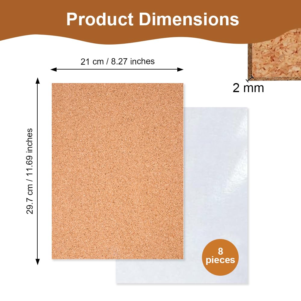 Tablero Autoadhesivo para Manualidades 8 Piezas 29,7x21cm A4 Corcho Autoadhesivas