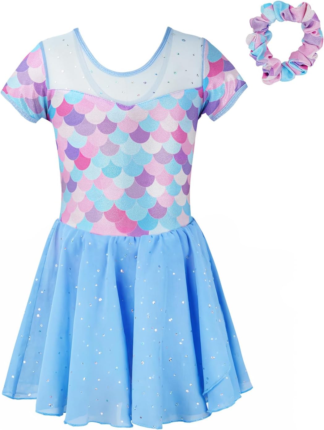 GogokidsGirls Ballet Leotards Toddler Shiny Dance Dress Short Sleeve Ballet Dancewear Matching Hair Tie, Perfect for Ballet Dance Class and Performances 3-11 Years