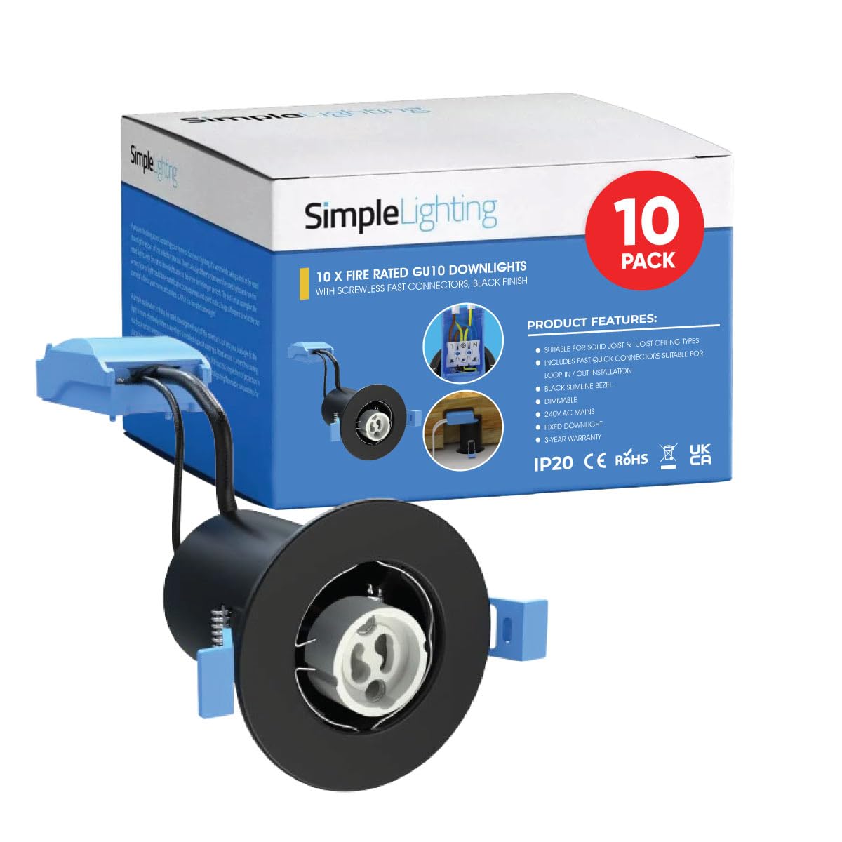 Simple Lighting® Pack of 10 Fire Rated GU10 Downlights, Matt Black, Fixed Recessed Ceiling Lights, 90 Min Fire Rating, IP20, Dimmable, 65-75mm Cut-Out, Bulbs Not Included