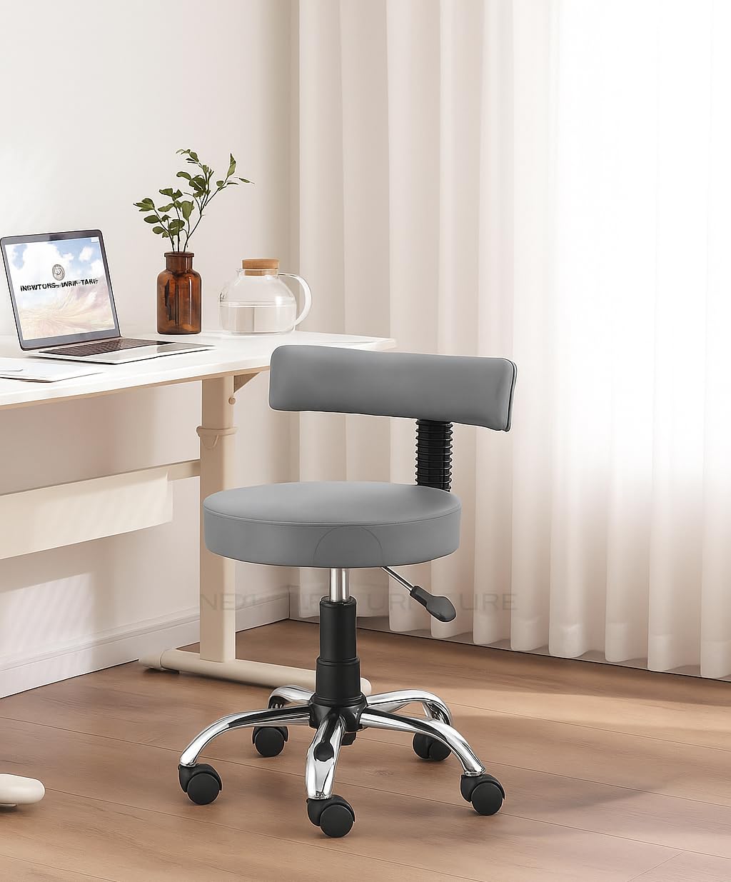 NEWTURN Ketto Pre-Assembled with Heavy Duty Metal Stand Rolling Compact Chair Lift Swivel Stools with Fixed Rest for Home Office Beauty Salons Shops Bar Chairs with 1 yr waranty (Grey_rexine)