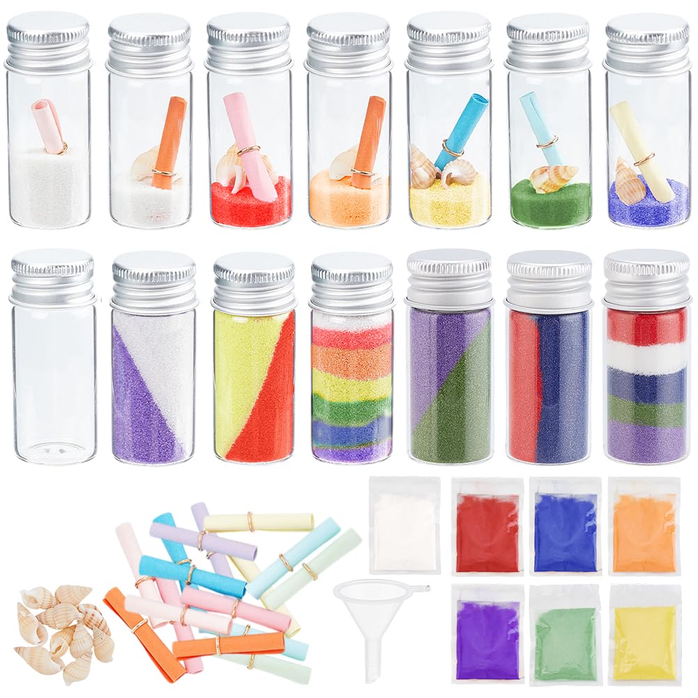 WEBEEDY 16 Set DIY Colored Sand Art Bottles 10ml DIY Wishing Bottles Sand Craft Kit with Beach Sea Shells Message Paper for Wedding Decorations Party Favors Supplies