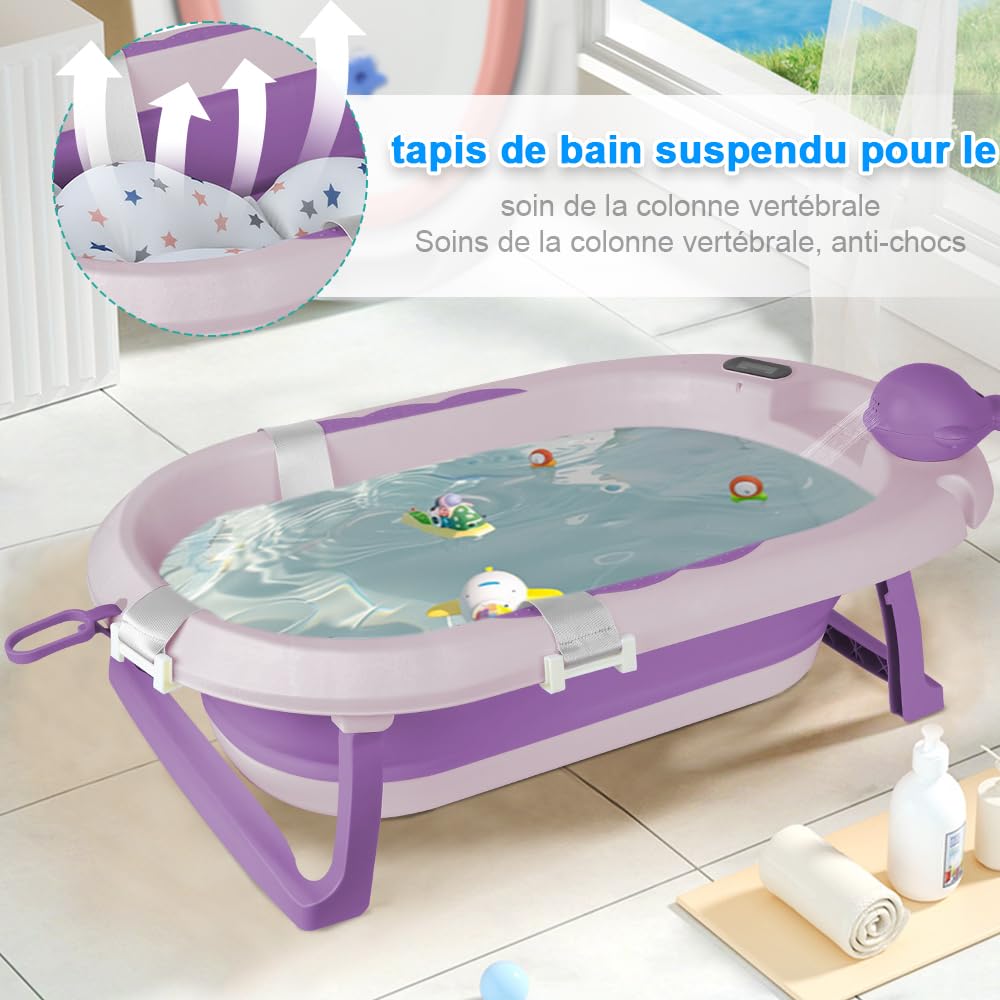 Bañera Bebé, con cojín, bañera plegable para bebés con termómetro digital, para bebés de 0 a 24 meses (morado - con soporte)