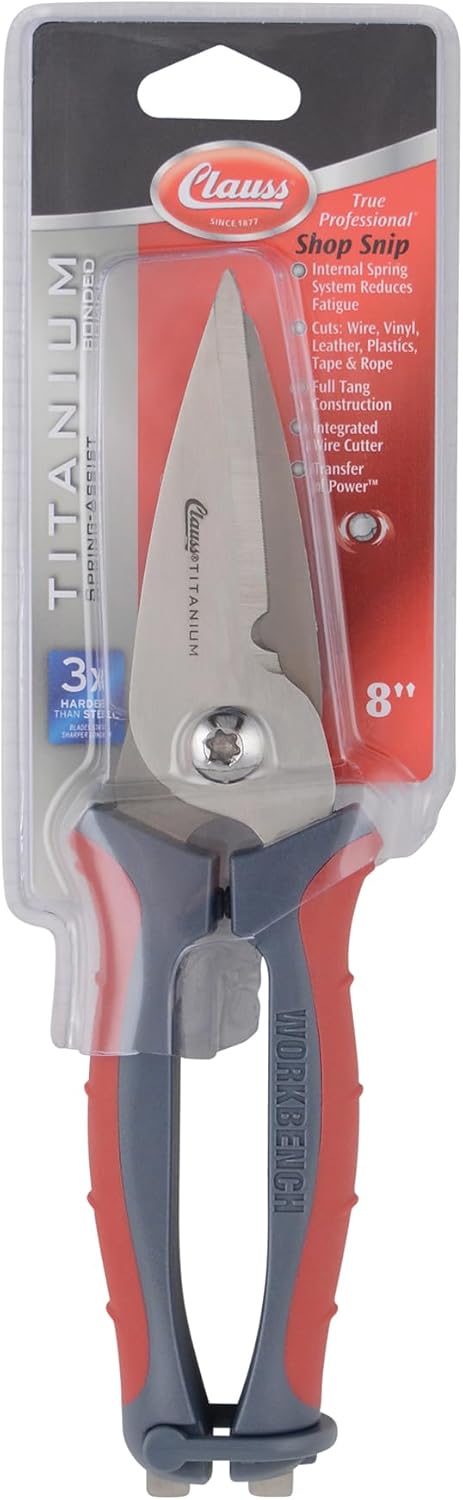 Clauss 20462 8-Inch Spring Assist Titanium Snips, All Purpose Heavy Duty Snips for Thick, Tough Materials