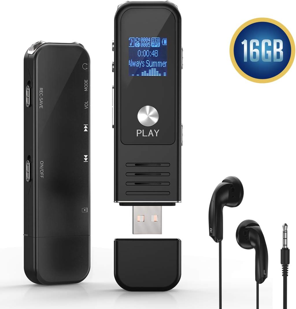 Digital Voice Activated Recorder,Lamyik 16GB Sound Audio Recorder with Playback,Handheld Portable HD USB Rechargeable Digital Recorder with Double Microphone Support TF Card for Lectures, Meetings
