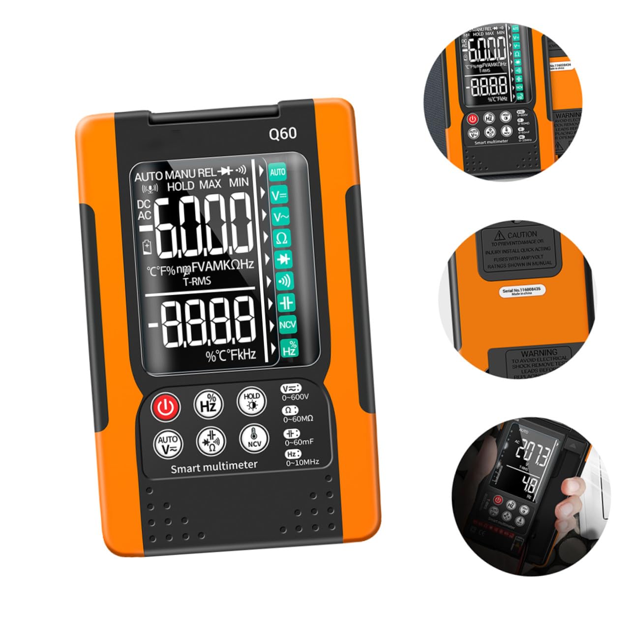 Q60 Digital Multimeter with Ncv, True Measurement, Auto-ranging, Backlit LCD, Continuity Buzzer, Diode Test, Data Hold, Auto Power Off – Compact Electrician Meter for Home
