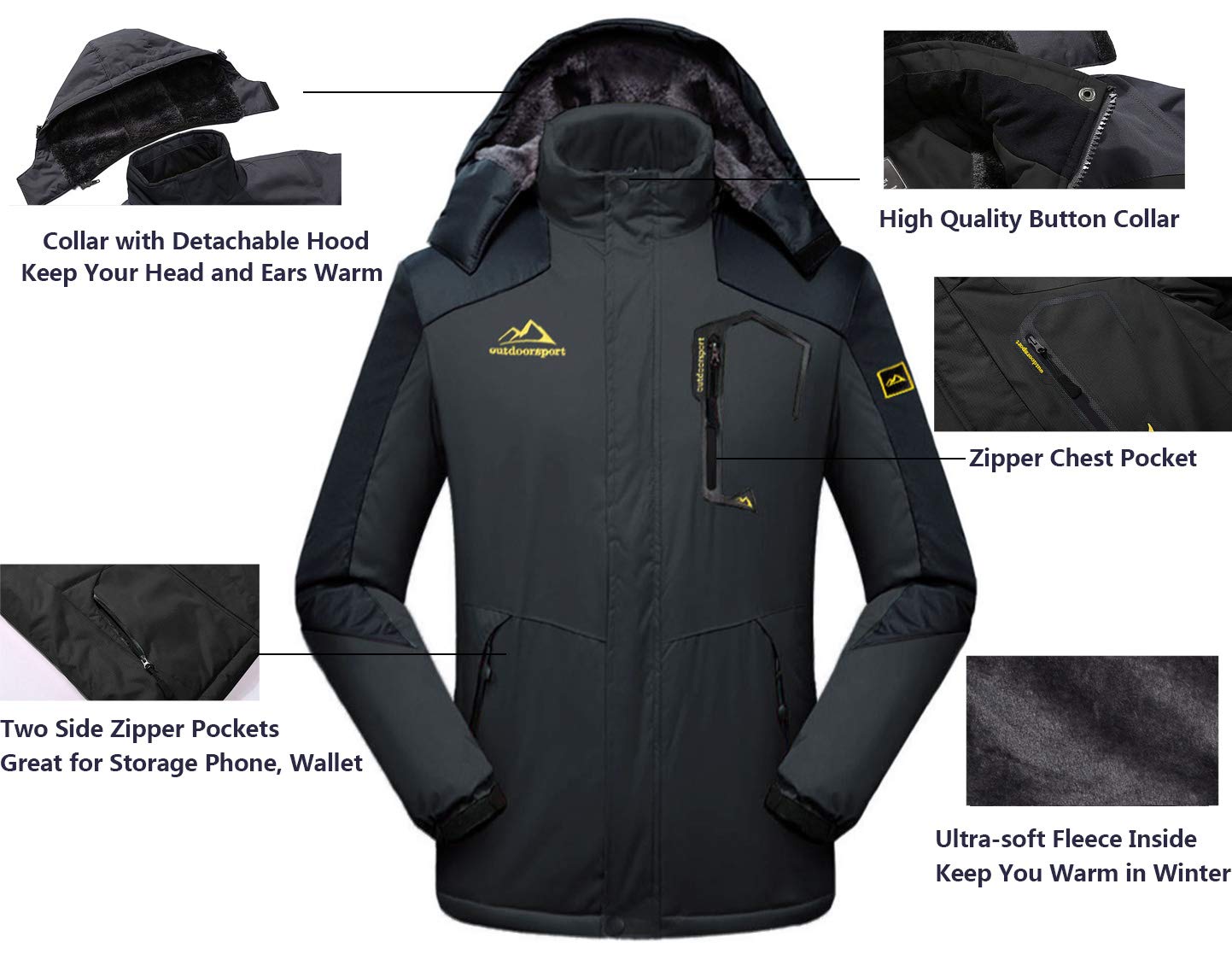 EKLENTSON Hommes Manteaux-Hiver Veste Imperméable Coupe-Vent Escalade Ski Veste Polaire Chaud Vêtements d'extérieur Sport Manteau à Capuche Multi Poches Zippées