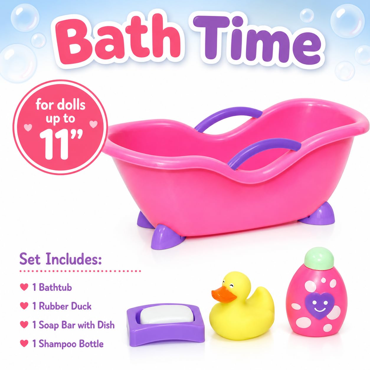 JC Toys- Set de 3 Piezas para muñecas, bañera, Silla Alta de Comer, Cuna Mecedora y 9 Accesorios, muñecas hasta 28 cm, Ideal para Jugar, Rosa, diseñado por Berenguer, +2 años