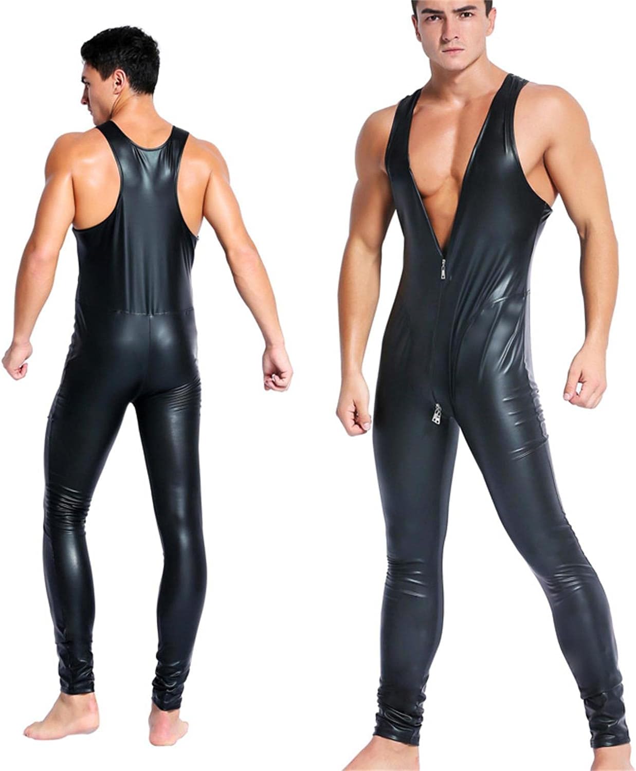 Men Latex Catsuit Faux Leather Lingerie Long Sleeve Bodysuit Stage Performance Costume
