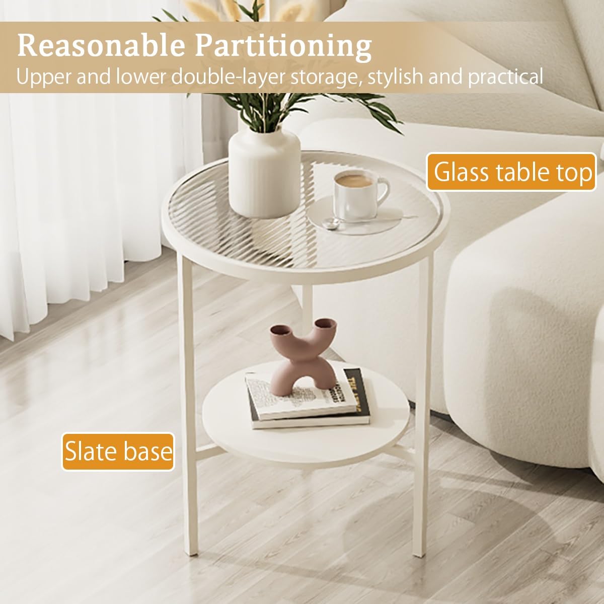 Mesa Auxiliar Redonda De Vidrio De 2 Niveles,Mesas Auxiliares para Salon De Metal,Mesita De Noche Moderno,para Pequeña,Dormitorio,Sofá(White,W15.7/40cm)