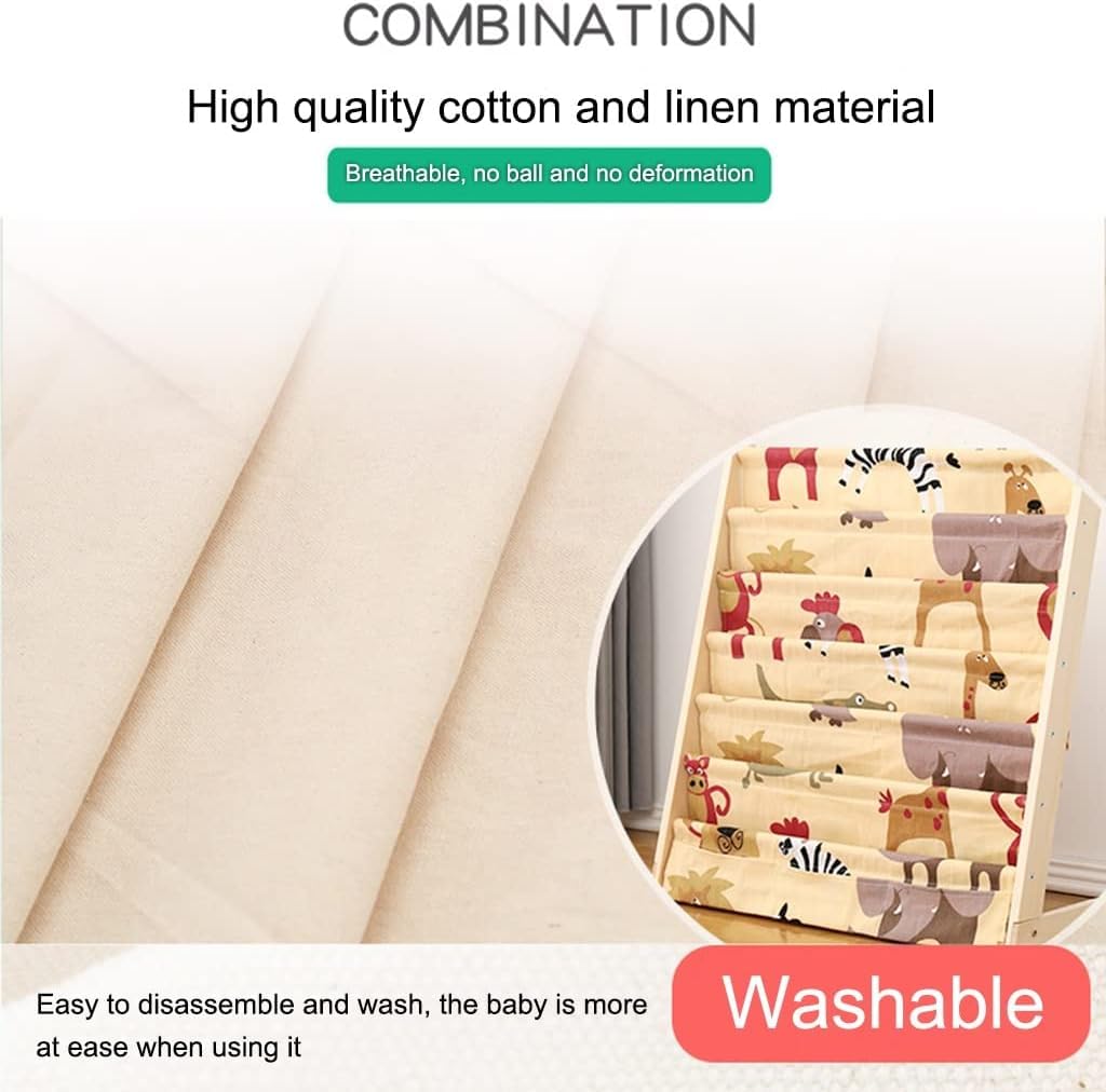 HEYOUTH Scaffale Libri Montessori per Bambini in Legno, 75x30x79 cm con 6 Tasche di Tessuto, Libreria Aperta per Conservare ed Esporre Libri e Giocattoli (Animal style)