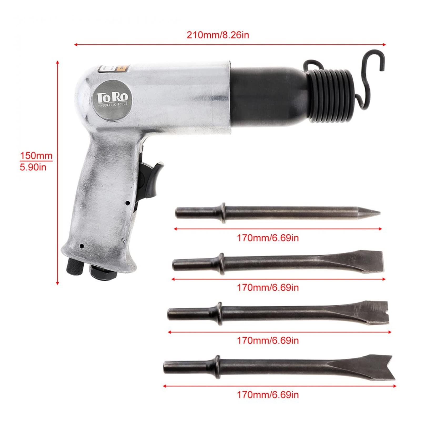 Martillo neumático Air Hammer Professional Pantalón de mano PISTOL PHOWOVELS PEQUEÑO REMOVER HERRAMIENTAS NEUMÁTICAS HERRAMIENTAS NEUMÁTICAS CON 4 CHISELS SET 9190 190mm