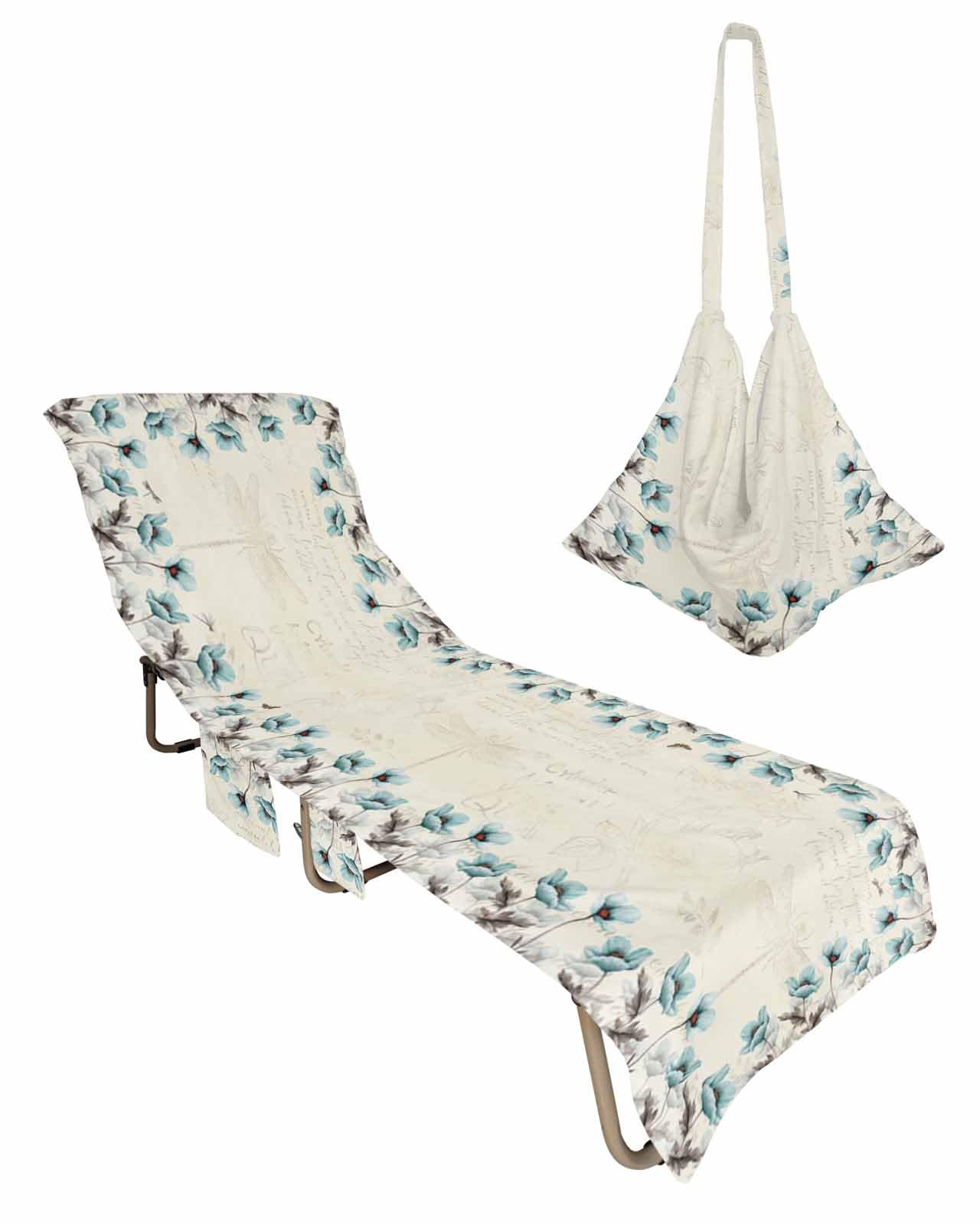 Teal Tulip Floral Beach Chair Towel Covers for Chaise Lounge with Side Pocket, Soft Plush Pool Towels Cover for Patio Sunbathing Outdoor 29''x85'' Rustic Vintage Flower Aesthetic Leaves