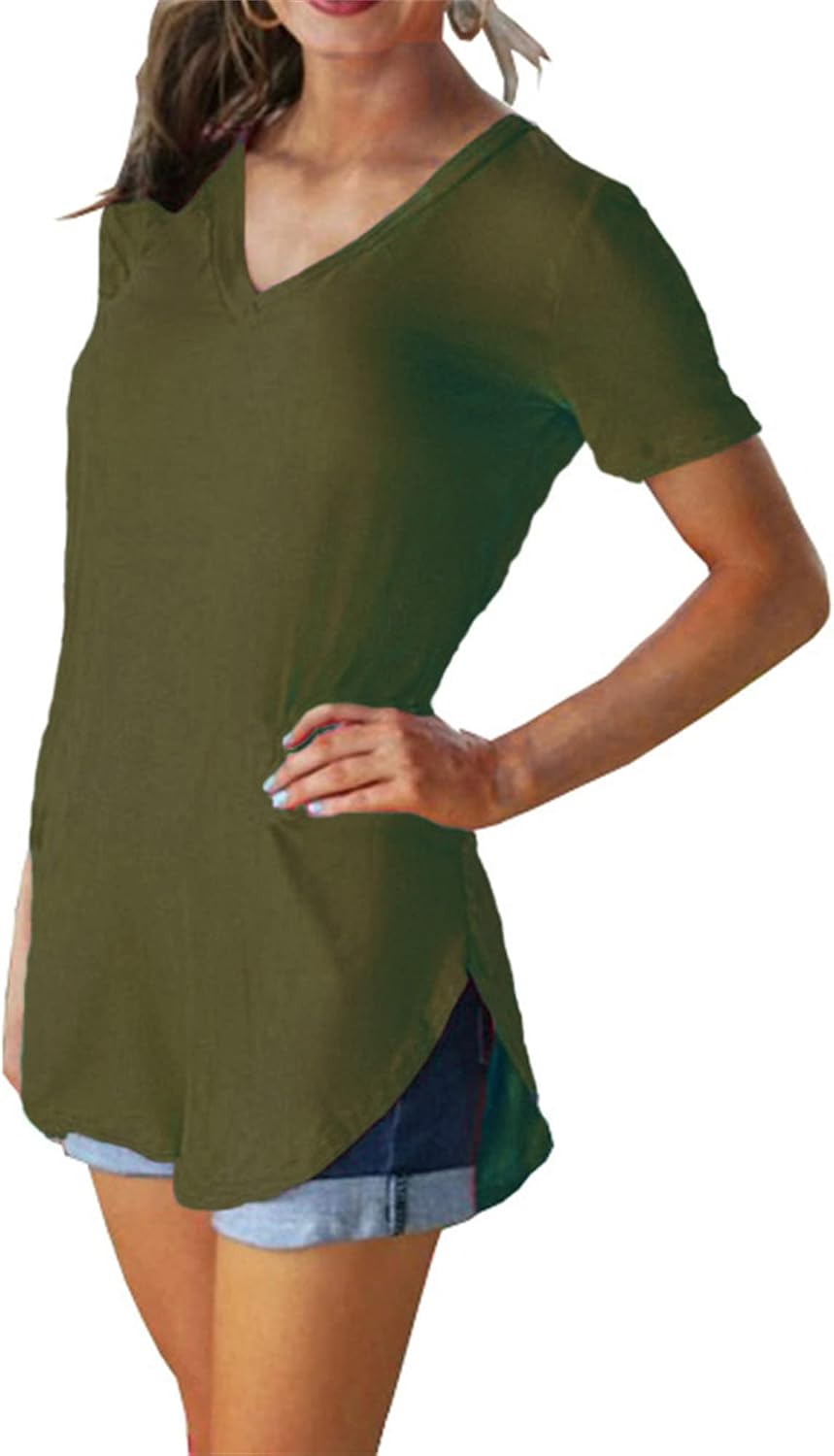Women's V Neck T Shirts Casual Short Sleeve Curved Hem Tunic Tops Shirt Loose Fit Side Split Athletic Yoga Tee Tops