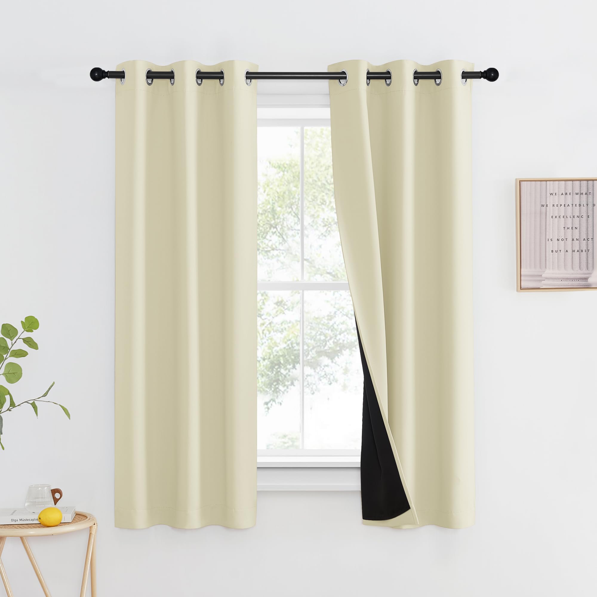 NICETOWN Living Room Completely Shaded Draperies, Privacy Protection &amp; Noise Reducing Ring Top Drapes, Black Lined Insulated Window Treatment Curtain Panels (Beige, 2 Pieces, W37 x L60)