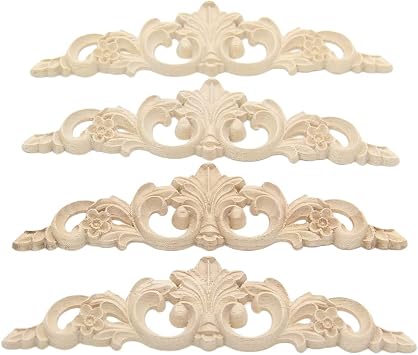 Wood Carved Onlay,7.9x2 inch Applique Unpainted Frame Door Decor European Style Furniture Applique for Home Door Cabinet Decoration Pack of 4