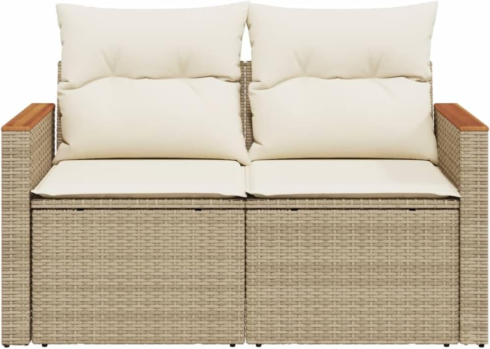 Beige Outdoor Loveseat Sofa with Storage - 2 Seater PE Rattan Patio Furniture for Garden, Balcony, Backyard