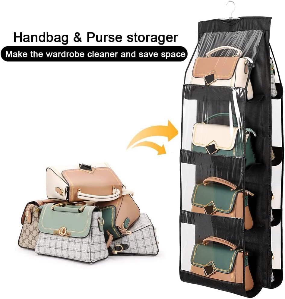 Image of Hanging Handbag Purse Organizer | 8 Pocket Dustproof Closet Storage | Foldable & Washable Handbag Holder | Wardrobe Organizer (8 Pocket - Black 110X35X35CM)