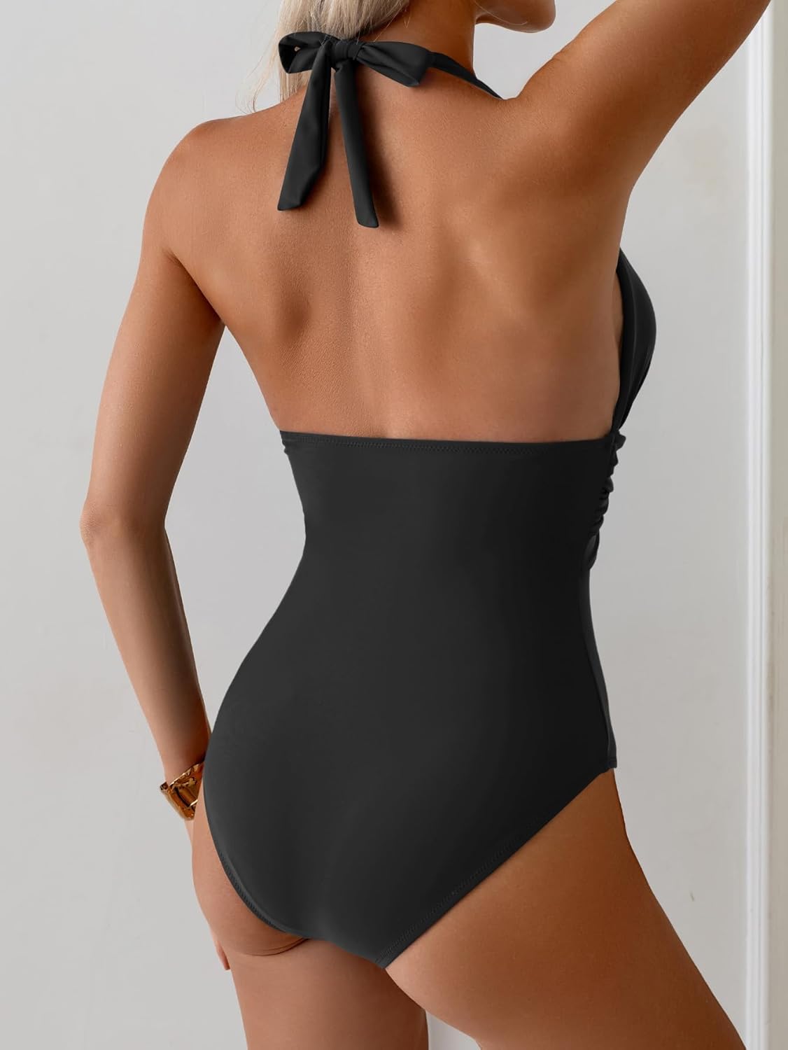 Women's One Piece Swimsuit Sexy Halter V Neck Bathing Suit Tummy Control Ruched Metal Swim Suit