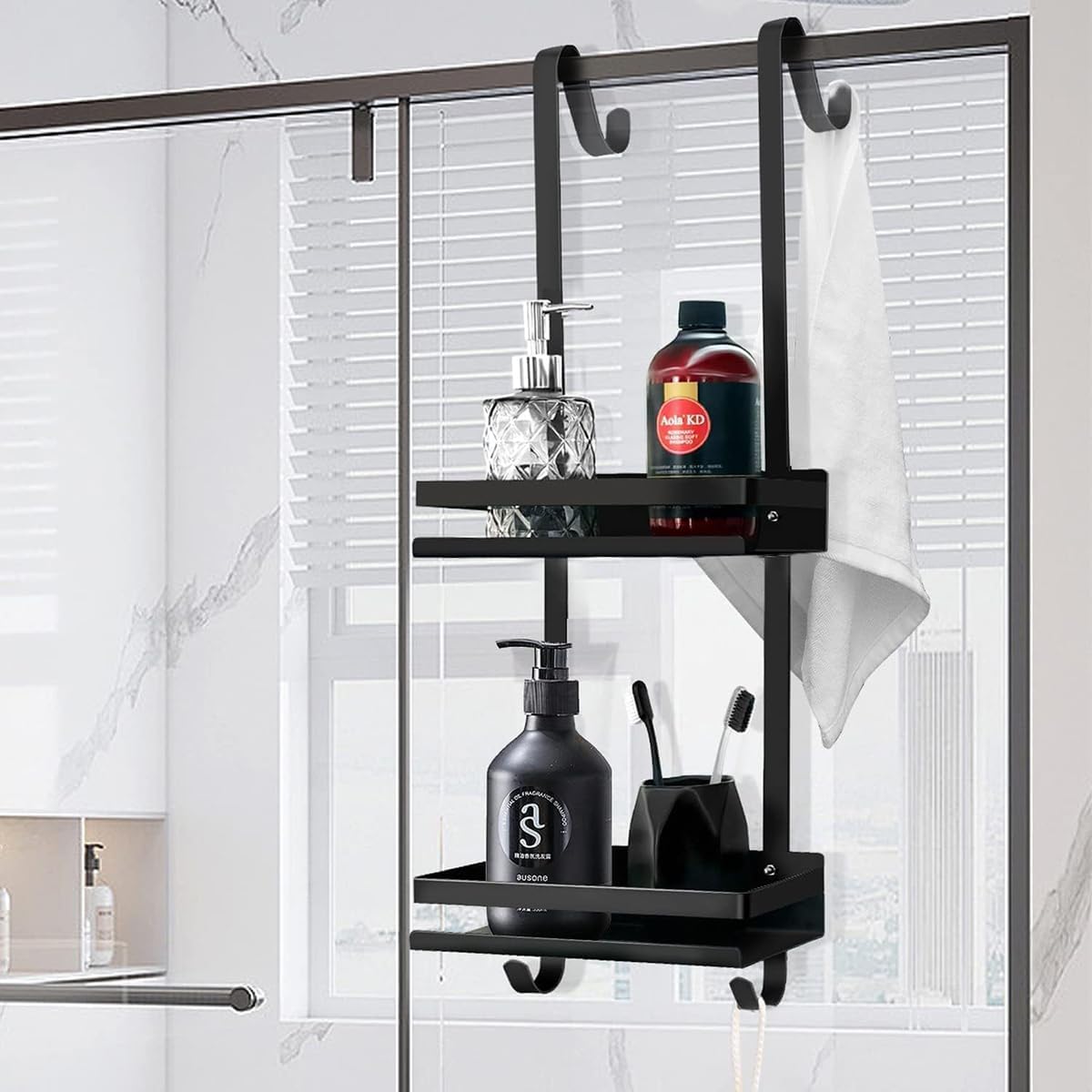 Over Door Shower Caddy 2-Tier, Rustproof Hanging Organizer with Hooks | Rustproof carbon steel, 2-tier + hooks, non-slip grips, no drilling, not for sliding doors