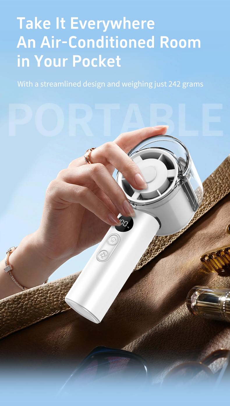 Wiederaufladbarer Handheld-Hochgeschwindigkeitslüfter mit Kühlspray, Outdoor-Kühlbefeuchter kleiner Lüfter, Langdruckschalter zur Einstellung der 100-Gangsanzeige/Kühlspray.