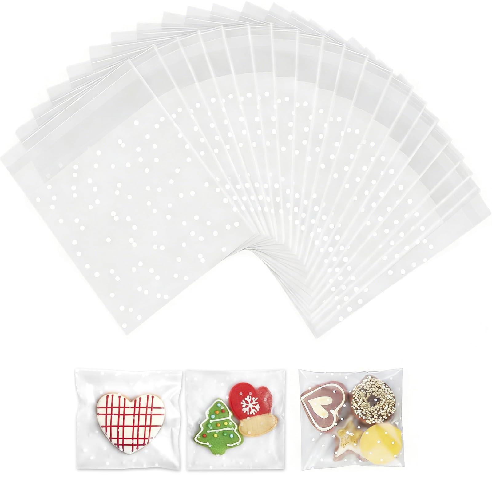 200 Pcs Cellophane Bags, 10 x 10 cm Self Adhesive Small Plastic Packaging Bags, White Polka Dot Translucent Cookie Bags for Food Cookie Chocolates Biscuit Candy