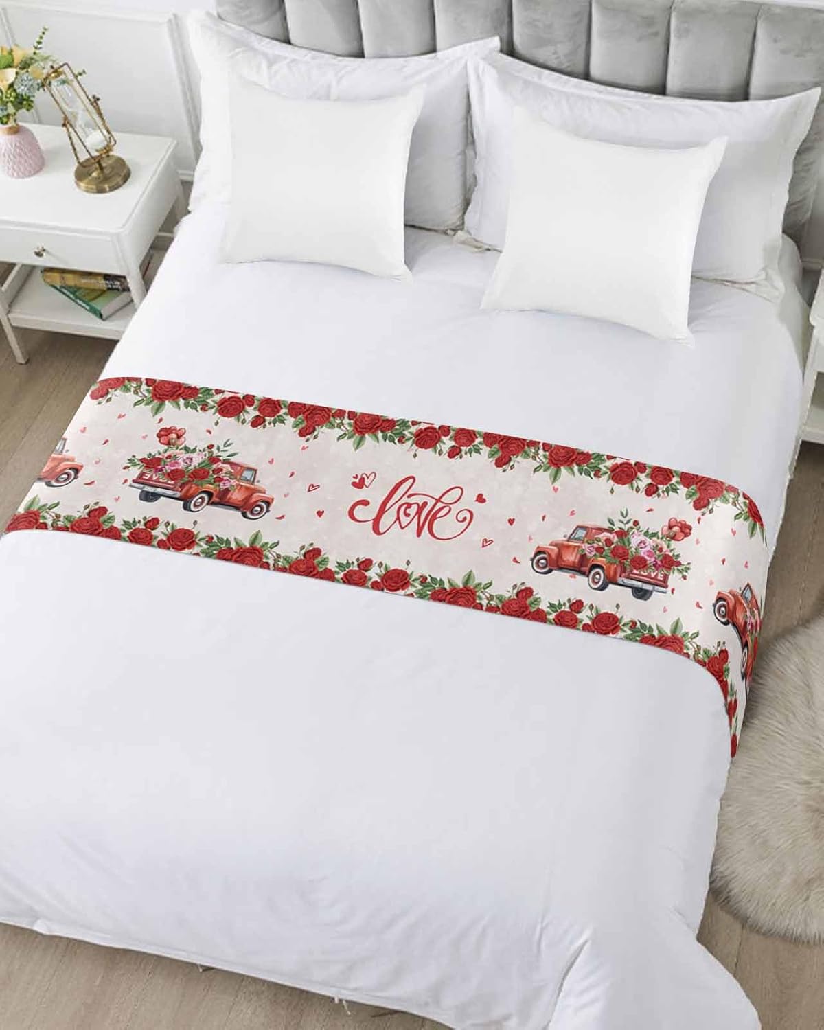 Bed Runner Scarf Valentine's Day Load of Love Truck with Romantic Rose Bedding Scarf Decorative Bed Runners Cover for Home Bedroom Hotel Wedding Room Bed Scarf for Foot of Bed King 102x20in