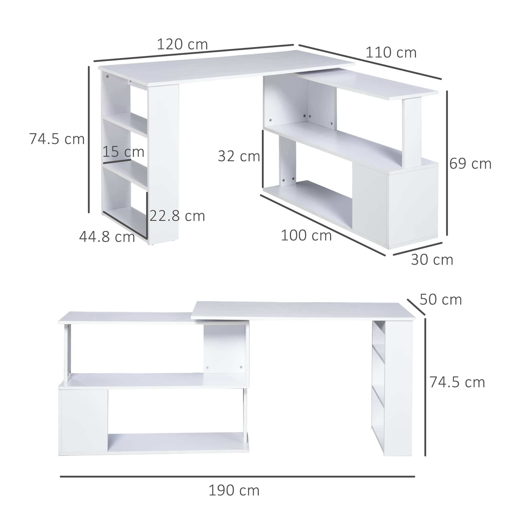 HOMCOM Scrivania Angolare Reversibile con 5 Ripiani Portaoggetti, Scrivania ad Angolo per Computer in Legno, per Ufficio, Soggiorno e Studio, Stile Industriale, 120x110x74.5 cm, Bianco