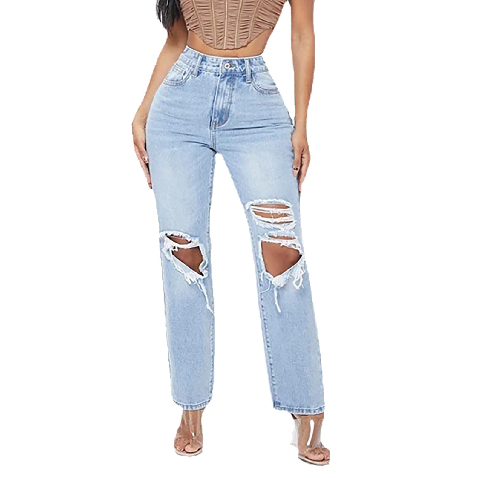 Lange Jeansjacke für Damen – zerrissenes Loch, hohe Taille, waschbar, hellblau, Denim-Jeans, Cargohose, Hot Girls Jeans, Jeans mit Löchern, Schwarz