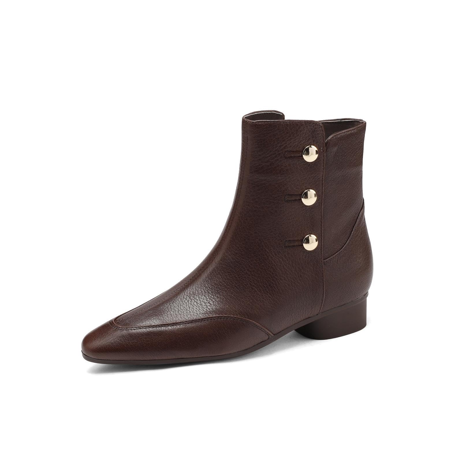 TinaCus Handmade Genuine Leather Buttons Modern Side Zipper Block Low Heel Ankle Boots for Ladies