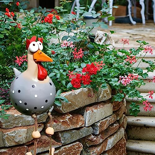 DYOUen Huhn Deko Garten Handarbeit Gartenstecker Weihnachten Hahn Gartenstatue Henne Gartendeko Hühner Gartenfigur Harz Gartendekoration, fur Outdoor Balkon Wohnzimmer (grau)