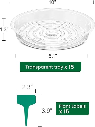 Miniatura 3 de GROWNEER 15 paquetes de bandejas transparentes de 10 pulgadas para macetas, con 15 etiquetas para plantas, bandejas de plástico para goteo para