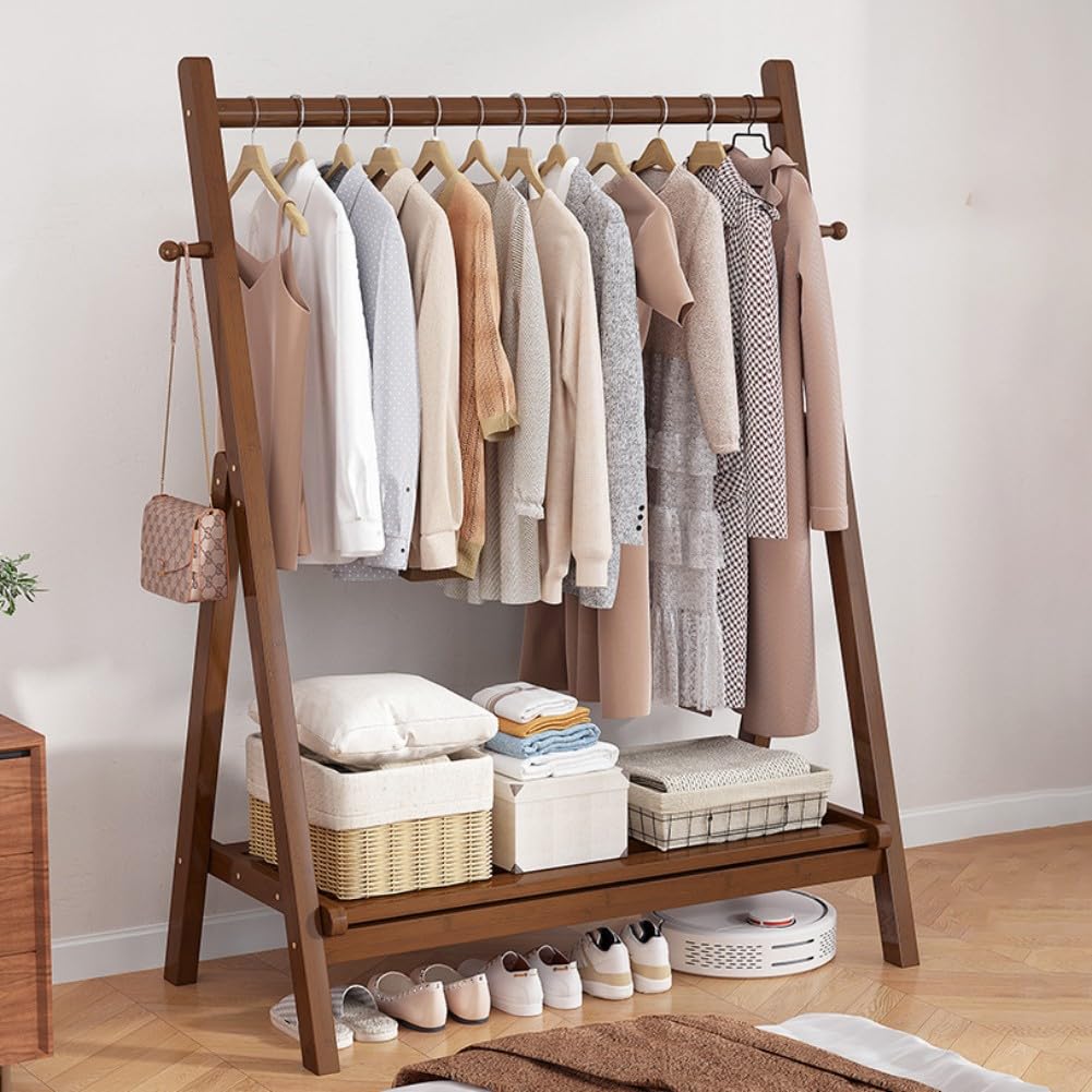 Dodobd A Wooden Clothes Rail With Shelves,Portable Garment Rack, Foldable Coat Stand,Free Standing Clothes Rail For Entryway Bedroom Bathroom Nd Office,120Cm