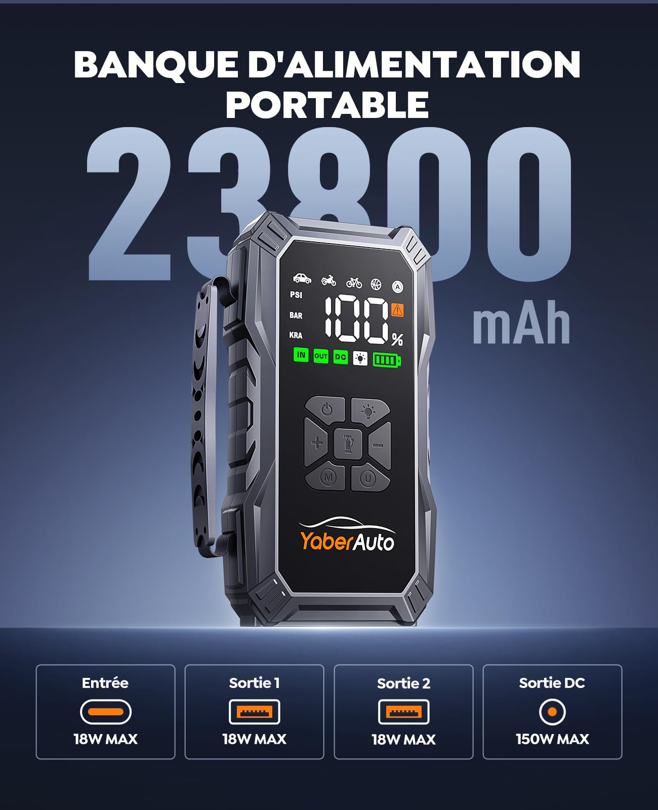Booster Batterie Voiture avec Compresseur D’Air 150PSI, 6000A YaberAuto Booster Batterie Voiture Puissant (Tous Gaz/Diesel 10L) Démarreur avec Charge Rapide 18W, DC 150W LED 4 Modes 3,3 Grand Écran