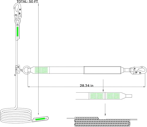 Miniatura 8 de Conjunto de cuerda de vida vertical de 50 pies con cuerda antipánico de acero aleado, gancho de presión, cordón de absorción de golpes, cuerda de