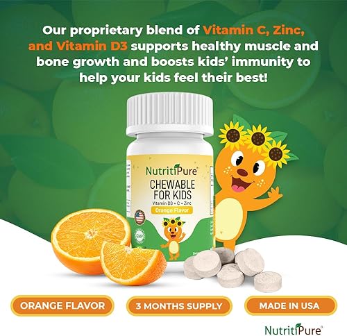 Miniatura 3 de NutritiPure Vitamina D3 masticable (colecalciferol) 25 mcg (1000 UI) + zinc (citrato de zinc) 5 mg + vitamina C 30 mg para niños, sabor naranja