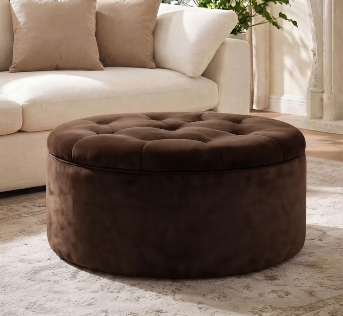 Round Storage Ottoman Coffee Table with Wooden Top, Upholstered Ottoman Footrest Stool with Hidden Storage, Multipurpose Center Table for Living Room, Bedroom & Balcony (Brown)-image-42