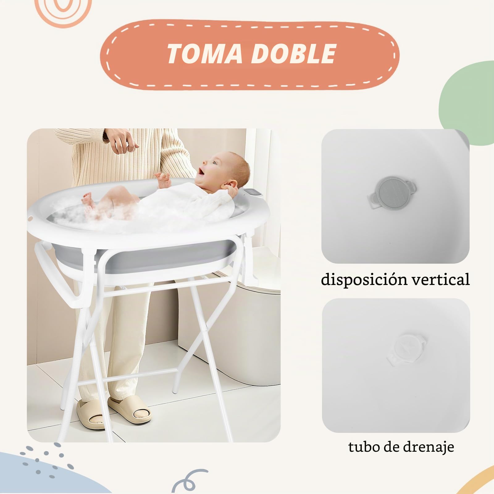 Bañera para bebé con marco de 90 cm, bañera plegable para bebés con bandeja para bañera, bañera para bebés con soporte y desagüe, desde el nacimiento hasta los 2 años (gris, 81 x 47 x 90 cm)