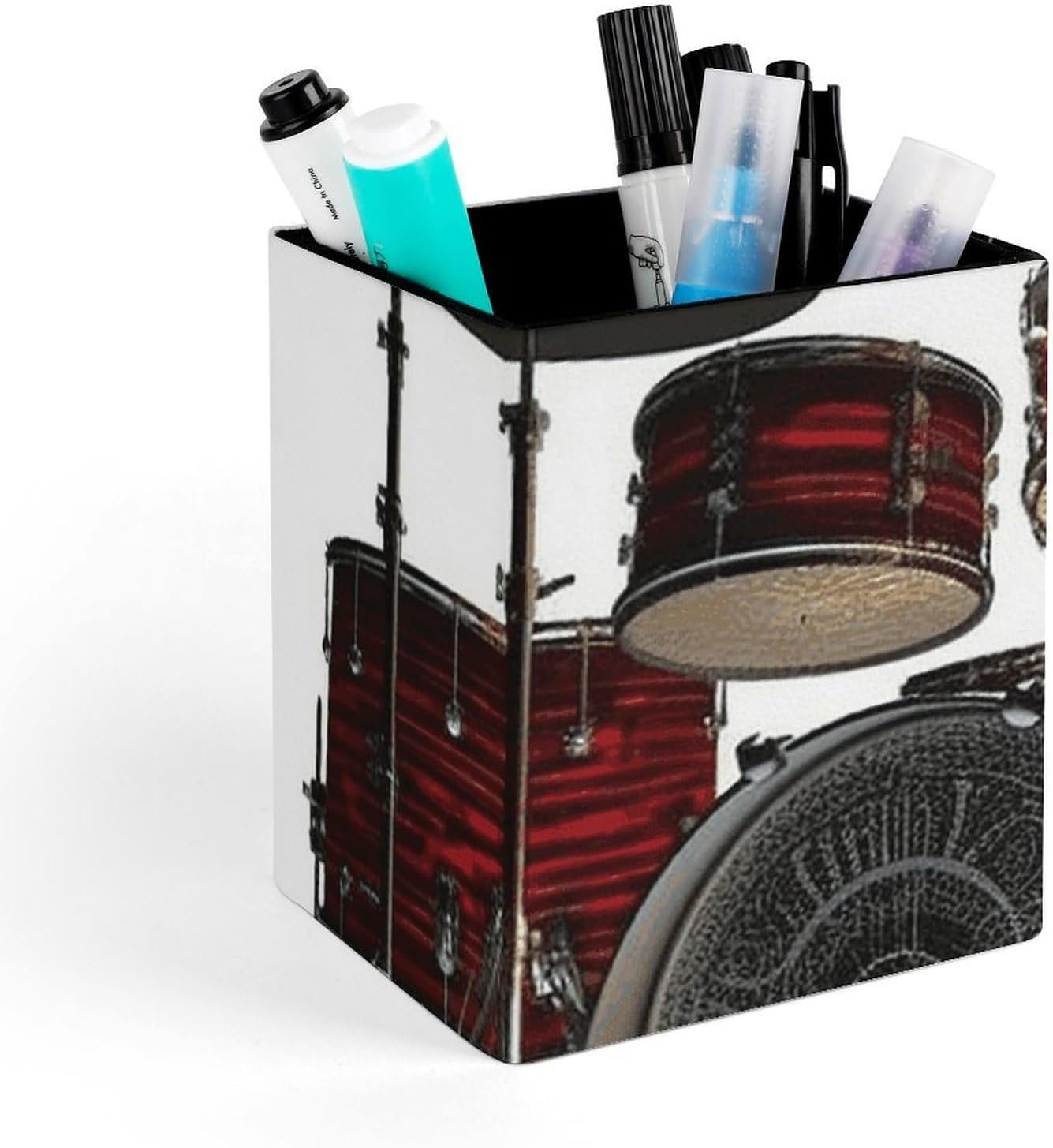 Pen Holder for Desk Modern Leather Pencil Holder Cool Drum Set Pencil Container Office Desk Accessories Makeup Brush Storage Pen Cup Pencil Caddy for Office Home Art Supply