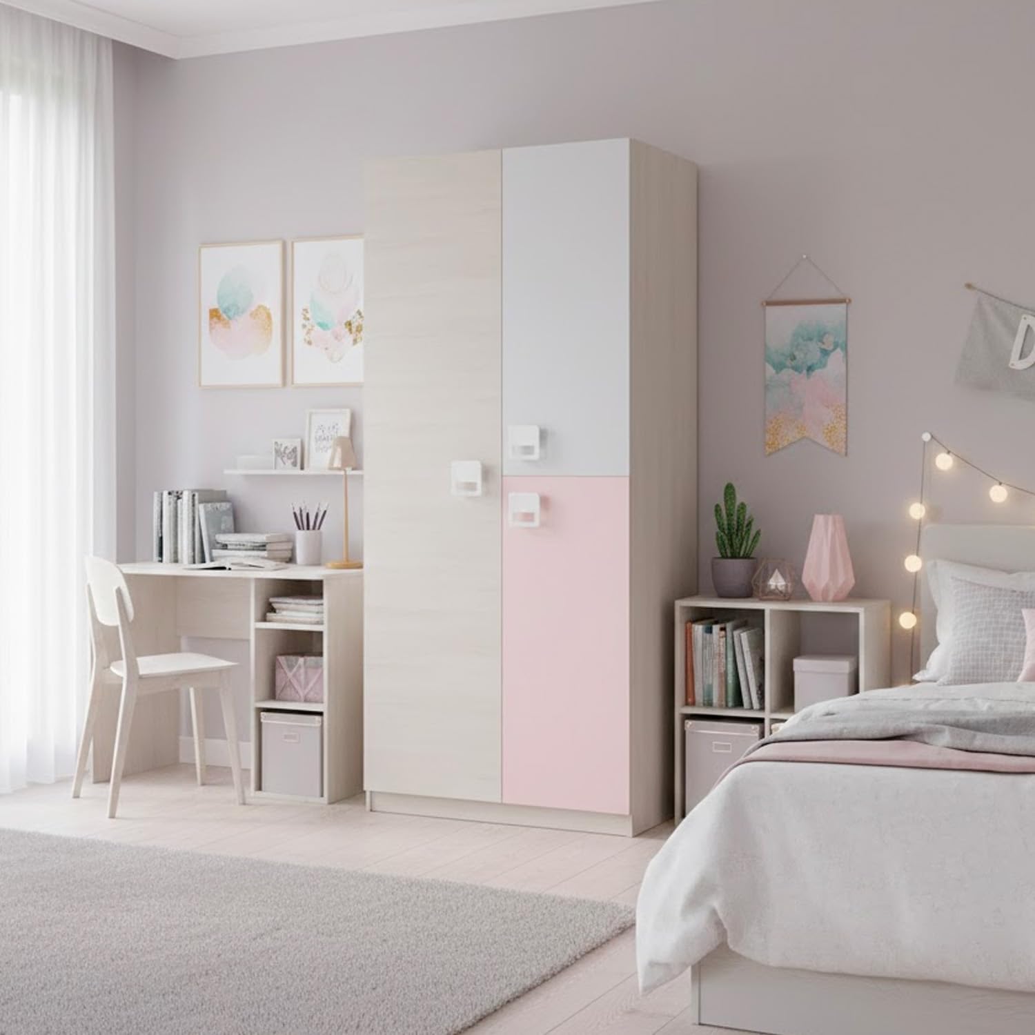 Bricozone Armadio Cameretta Ragazzi 3 Ante 200x90x52 Cm Con Barra Appendiabiti In Alluminio E 3 Ripiani Interni Bianco Alpi Grigio E Rosa Design Moderno Salvaspazio Con Maniglie ABS