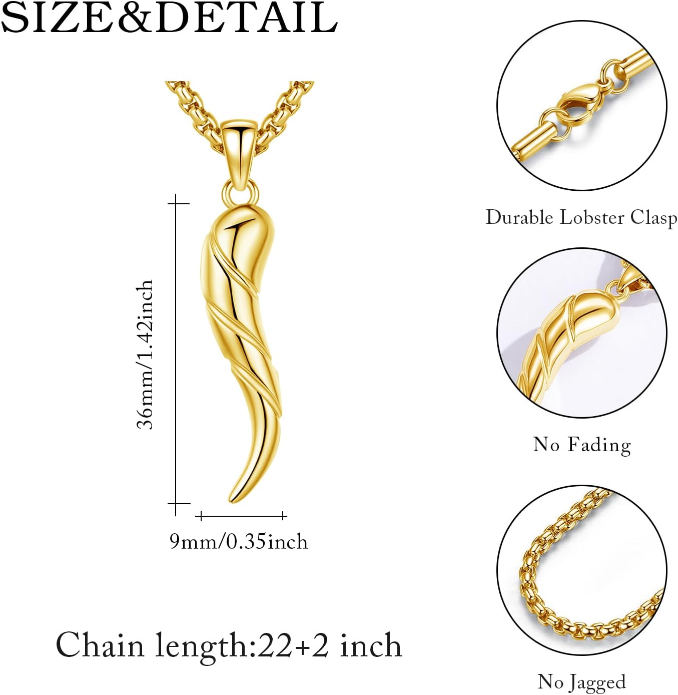 925 Sterling Silver Italian Horn Necklace Good Luck Cornicello Pendant with 22"+2" Stainless Steel Chain