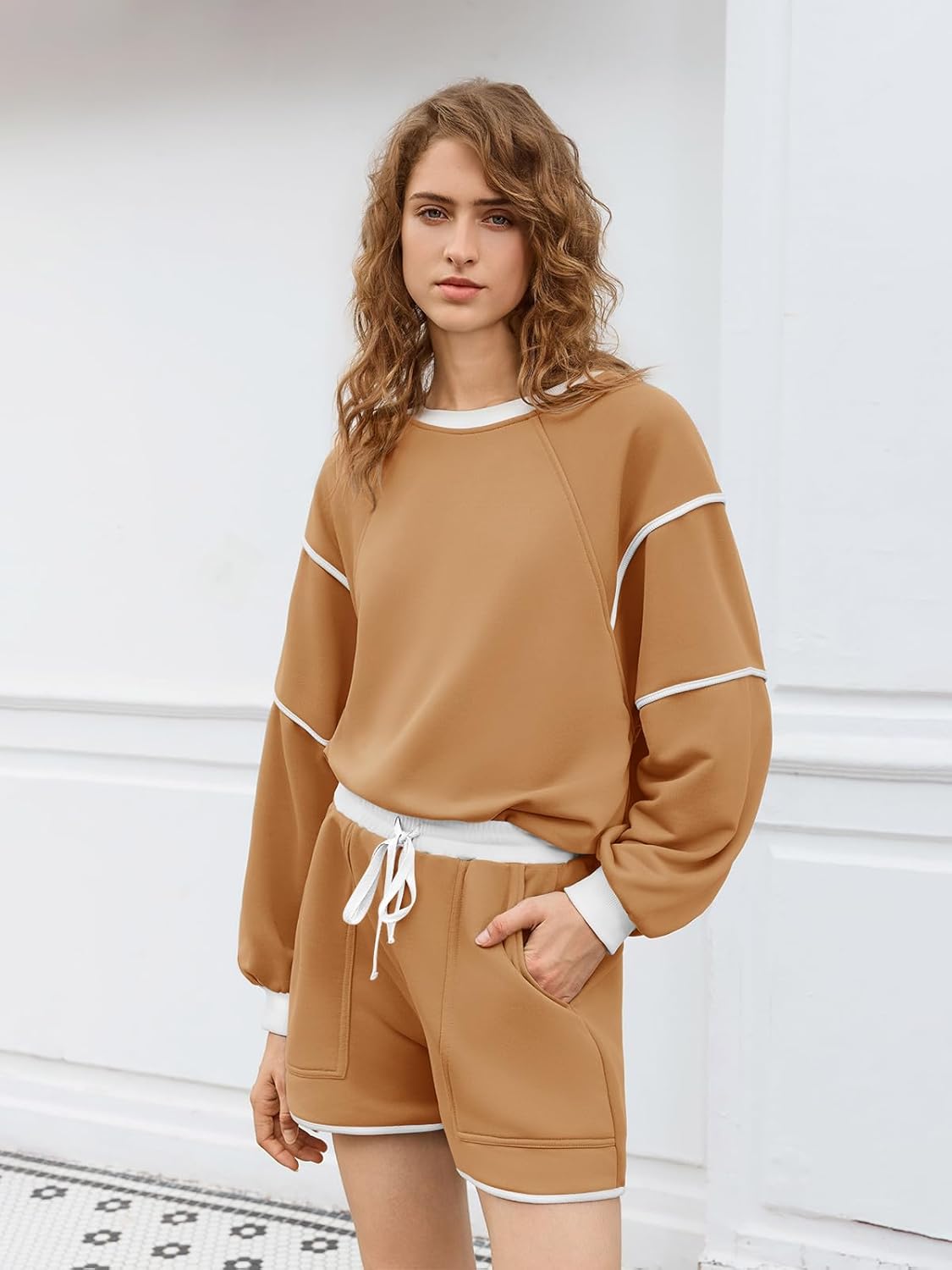 Yousify Womens Sweatsuits 2 Piece Outfits Oversized Crewneck Sweatshirts High Waisted Casual Shorts Lounge Wear Shorts Sets - Image 3