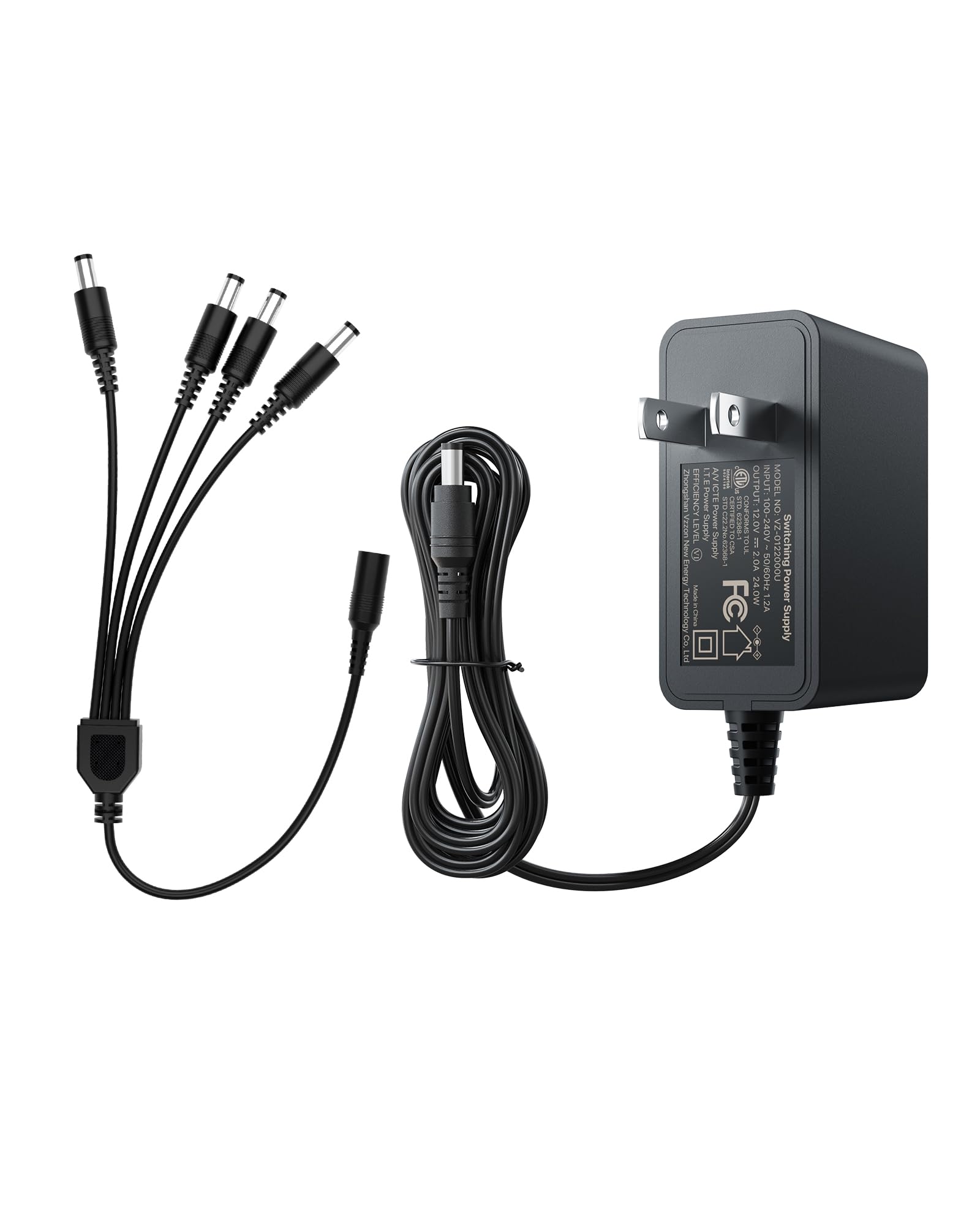 ZOSI 12V 2A 100V-240V US AC to DC Power Supply Adapter & 4-Way Power Splitter Cable for CCTV Home Security Camera Surveillance System