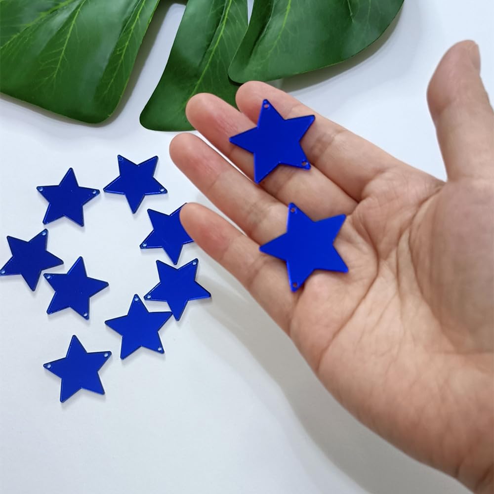 30pcs Sew on Star Acrylic Mirror,Acrylic Stars Blanks,Acrylic Mirror Beads,Sew on Rhinestones with 2 Holes (Dark Blue Mirror)