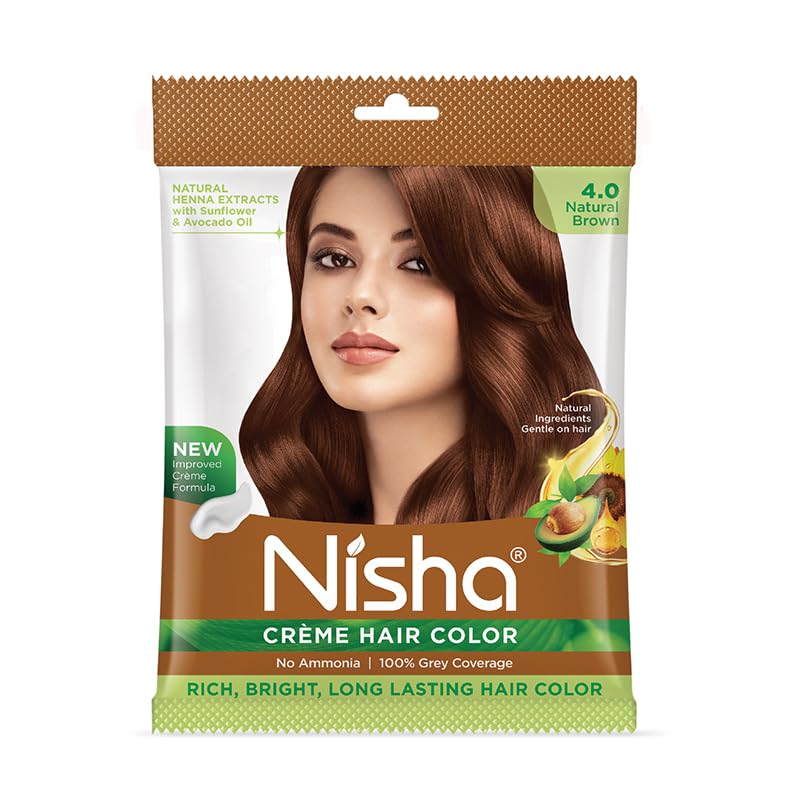 Image of Nisha Creme Hair Color, Permanent Hair Colour Natural Brown, Silky & Shiny 100% Grey Coverage Rich Bright Long Lasting Hair Colouring For Ultra Soft Deep Shine Hair Dye (Pack of 1)
