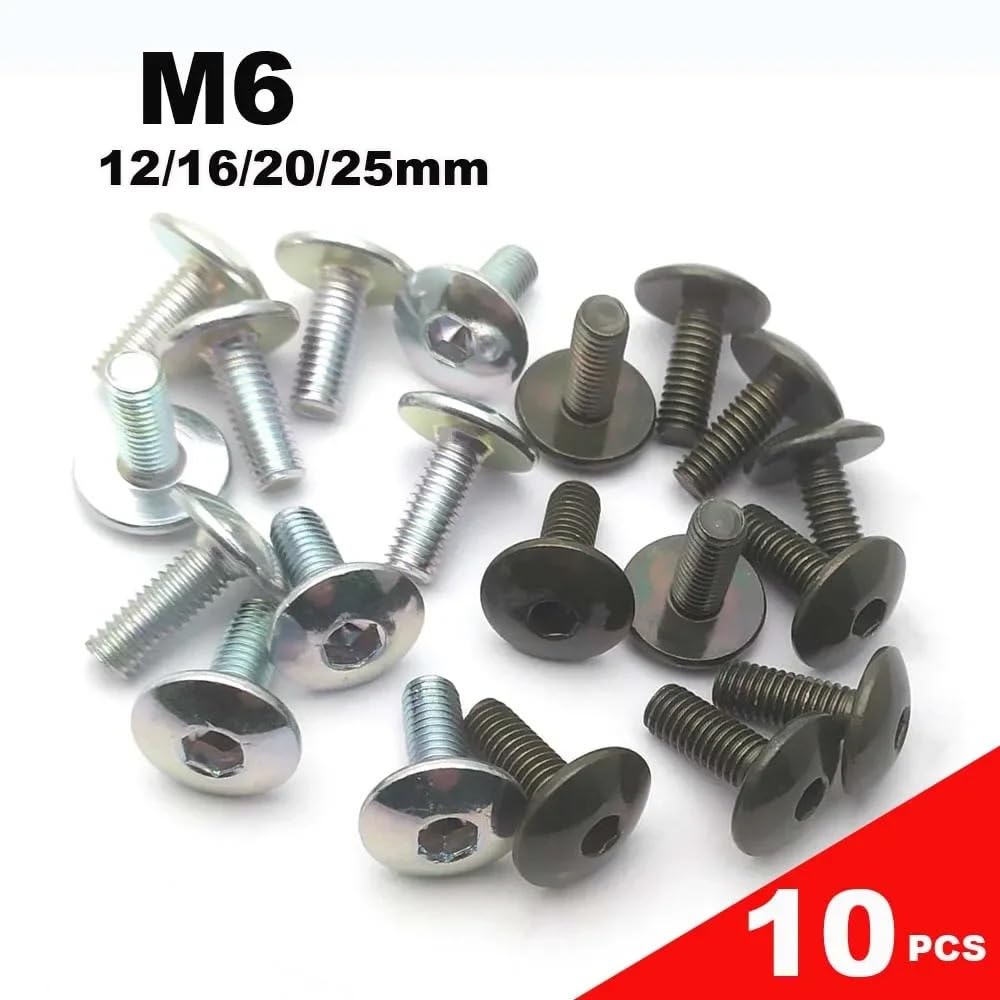 Lot de 10 vis à tête hexagonale plate à tête ronde M6, 6 mm, 12/16/20/25 mm de longueur, adaptées aux motos, scooters, VTT, cyclomoteurs, avec couvercle en plastique(M6X25 (Silver))